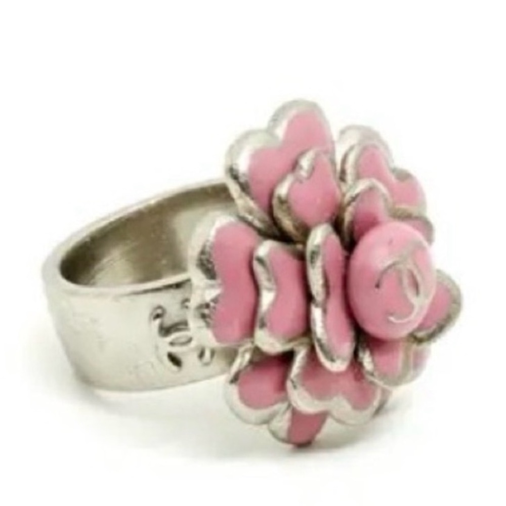 Chanel Pink and Silver Camellia Statement Ring - Picture 2 of 6